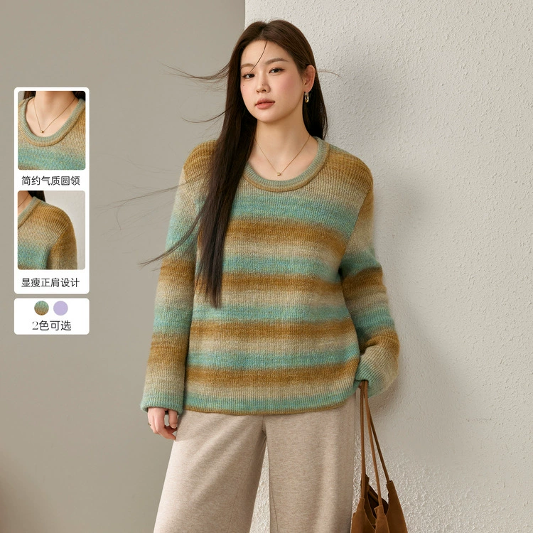[Градиентный полосатый топ] Полосатый большой размер женский ретро свитер американский толстый mm2024 зимний новый