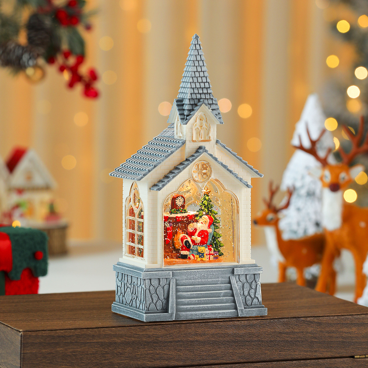 Regalo de Navidad Casa de Santa Claus Lámpara de viento de cristal Decoración de Navidad Decoración de la casa Nieve Música Caja de música