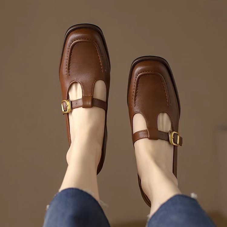 British Small Leather Shoes Women's Design Niche Medium Heel Thick Heel Women's Shoes 2024 Autumn French Retro Brown Shallow Mouth Flats