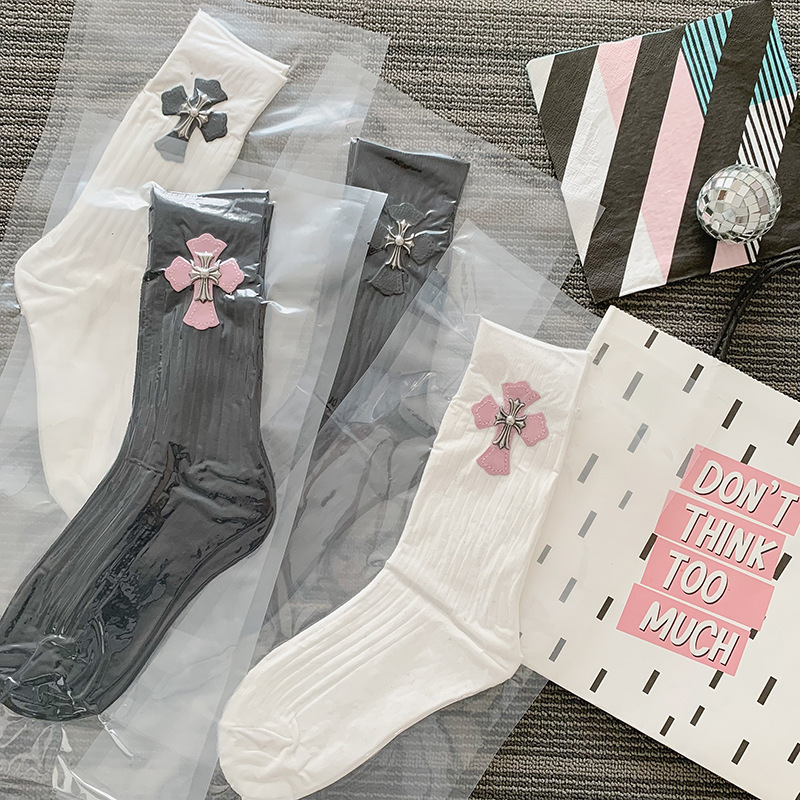 European and American Internet Celebrity Women's Socks Handmade Leather Label Cross Double Needle Socks Instagram Style Japanese and Korean Style Stereo Jewelry Socks Vacuum European and American Internet Celebrity Women's Socks Handmade Leather Label Cross Double Needle Socks Instagram Style Japanese and Korean Style Stereo Jewelry Socks Vacuum