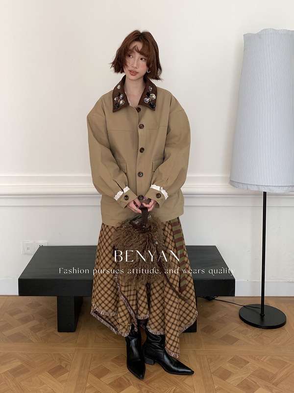BENYAN本言 秋冬法式复古亮片花朵钉珠装饰慵懒宽松外套女82339|undefined