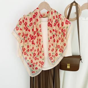 Summer Fresh Style Floral Cotton and Linen Scarf Square Scarf Women's 2024 New Spring Travel Multi-function Silk Scarf