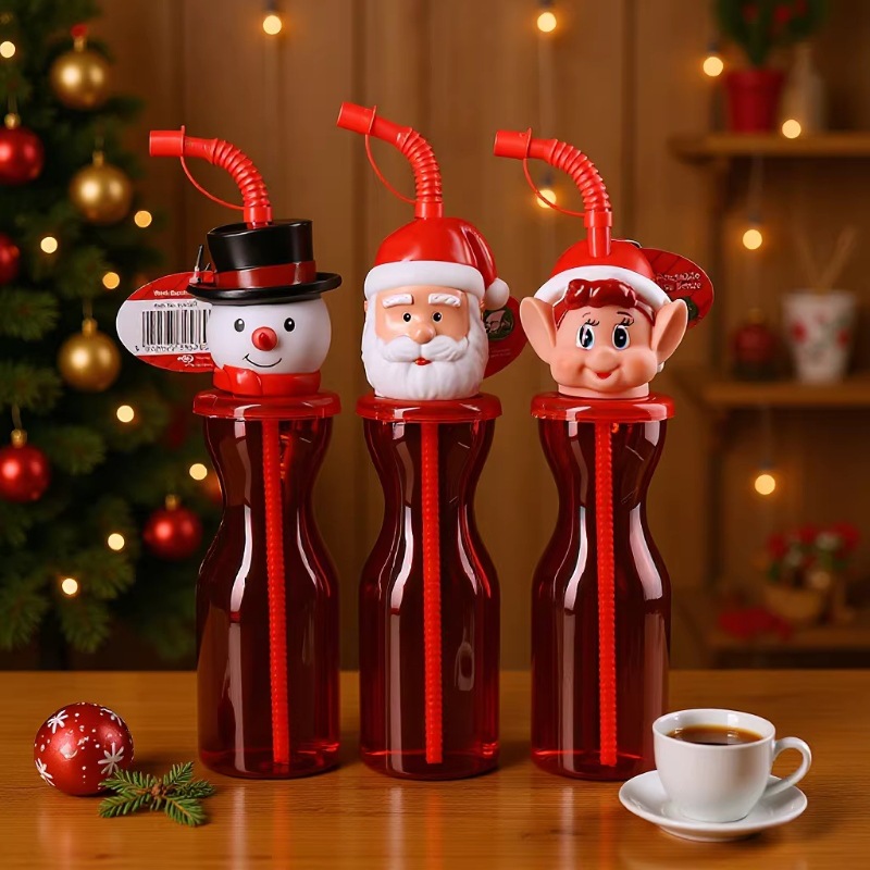 Fábrica directa serie de dibujos animados navideños PET500ML fiesta bebida patio botella taza de paja