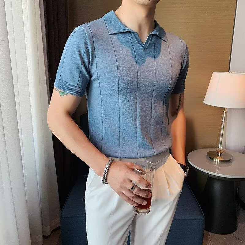 Summer New Short-Sleeved Knitwear T-Shirt for Men, Business Casual, Stylish and Versatile, High-End Polo Shirt, V-Neck, Export Cross-Border Wholesale