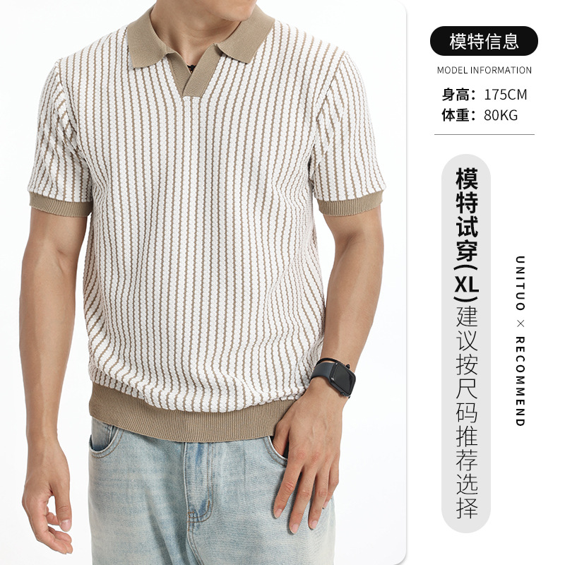 Camisas de polo de punto a rayas verticales de verano hombre ligero viento collar de collar de manga corta chaqueta de negocios casual al por mayor transfronteriza
