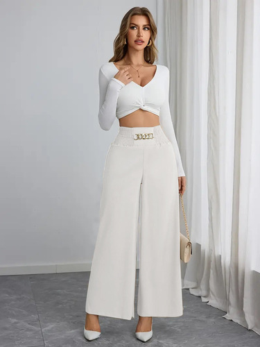New Style Wish High-Waisted Slimming Elegant Commuting Solid Color Chain Link Wide Leg Pants for Spring and Autumn