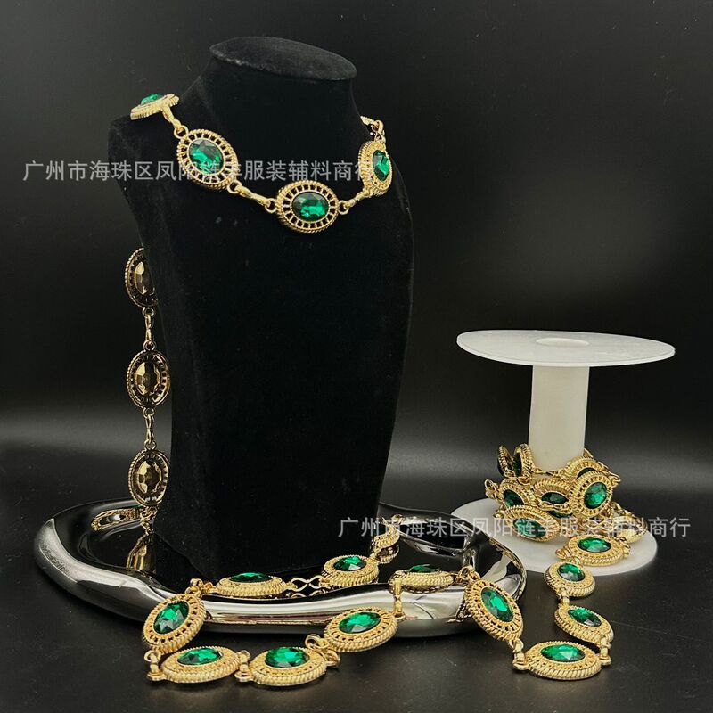 DIY chain Bohemian style retro emerald carved alloy chain belt clothing accessories wholesale