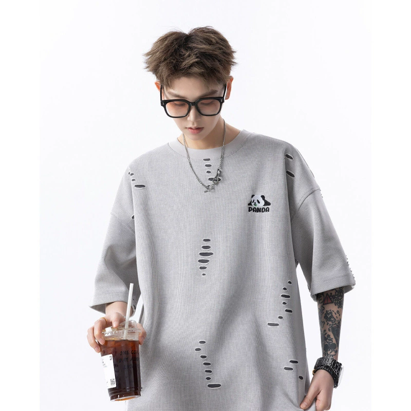 Мужская футболка с короткими рукавами из рваного ледяного шелка с вышивкой панды, летний модный брендовый свободный топ с половиной рукавов в американском стиле