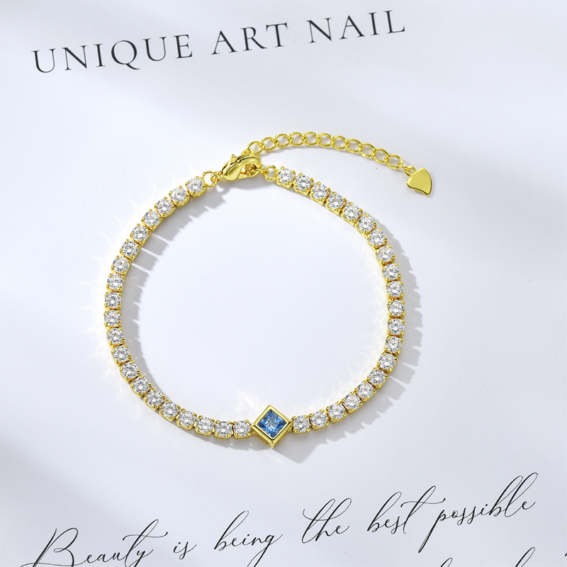 Single Row Full Zircon Tennis Bracelet with Square Ruby, Women's Diamond-Shaped Stone Bracelet, Valentine's Day Gift, 3mm