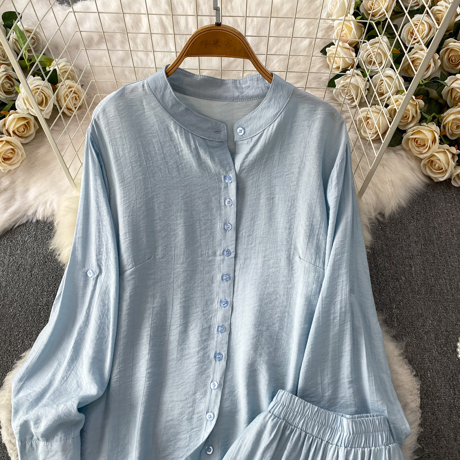 Mambo Mint Green Women's Clothing Set Refreshing Skin Friendly Breathable Loose Fitting Long Sleeved Shirt Jacket with High Waisted Wide Leg Pants_ecoleips.com