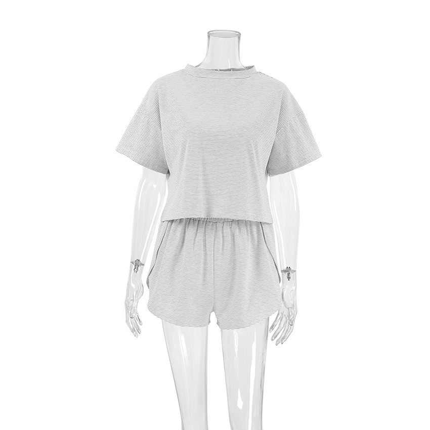 245g Weight Short Sleeve Sleeve Length Pajamas Lingerie Type Pullovers Placket Type Cotton, Polyester Fabric Type Short Top Length Shorts Sets Sets Type 2 Pieces Set Quantity Home Occasion Collarless Neckline Breathable Function Loose Fit Type Stripe Pattern Summer, Spring Season Women's Gender Casual Style Home Women's Casual Stripe Cotton Polyester Shorts Sets Pajama Sets 无