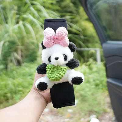 Giant Panda Car Safety Shoulder Seat belt shoulder pad - black-linen-shoulder-pads-panda-green-pocket
