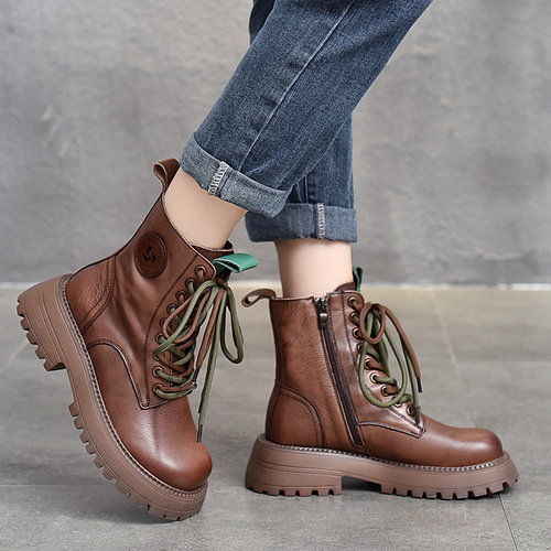 First layer cowhide British style motorcycle boots round toe thick sole versatile single boots for women autumn and winter high top Martin boots for women