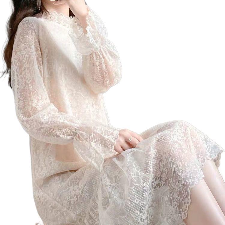 仙女内搭气质蕾丝连衣裙2025秋冬新款中长款加绒加厚打底长袖裙子|undefined