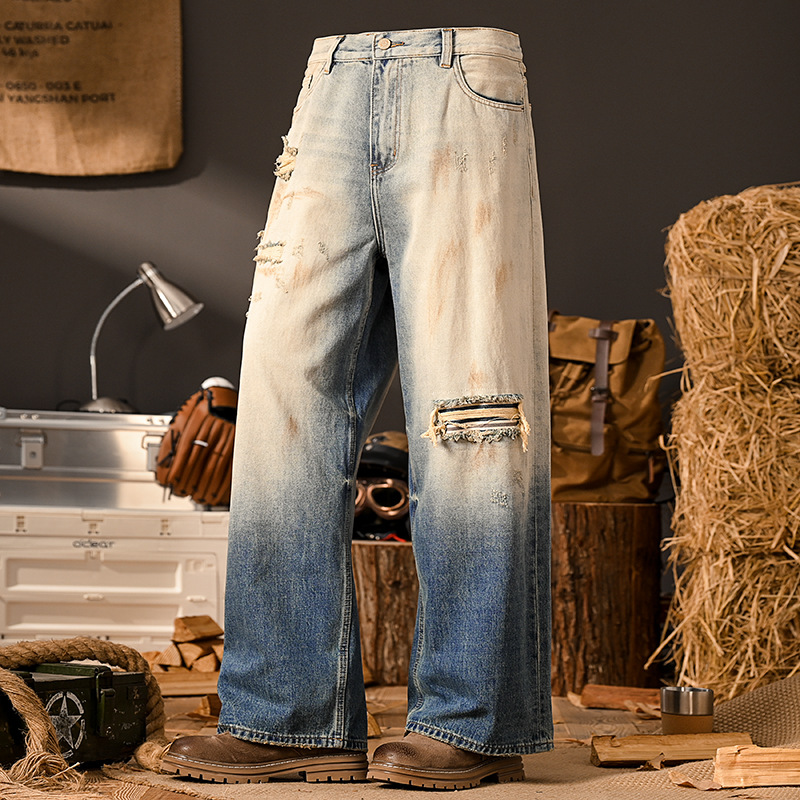 Vintage Denim Jeans For Men Distressed Wide Leg Patchwork Retro_voghion.com