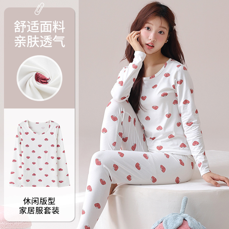 Autumn Clothes and Pants Pajamas Women's Autumn and Winter Knitted Cotton suit Thin Base Student Less Women's Round Neck Underwear Home Clothes