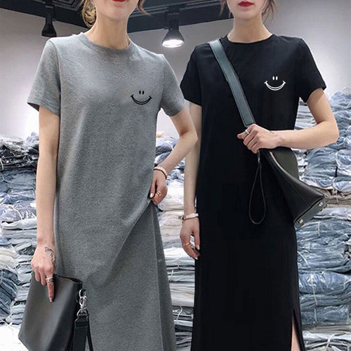 2025 Women's Spring Summer Short Sleeve Dress, Loose Fit, Long Length, Knee-Length, Casual Cover-Belly Maxi Dress with Base T-Shirt