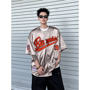 American Retro Silver Glossy Jersey Short-Sleeved Men's Hip-Hop Hiphiop Baseball Uniform Hip-Hop Sports Cardigan Jacket