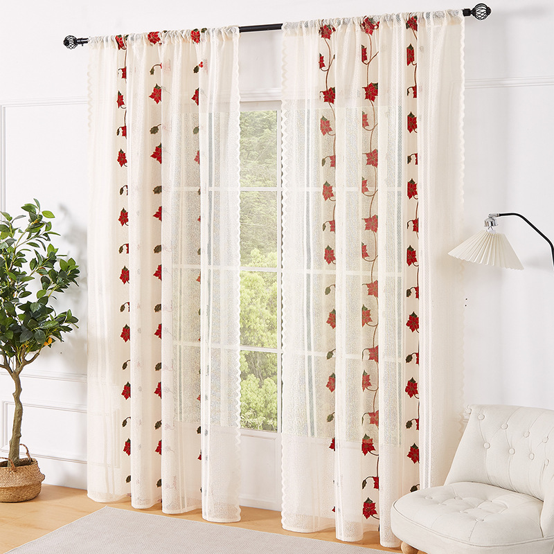 American-style Christmas Curtain With Bell Embroidery Lace Blackout Fabric_voghion.com