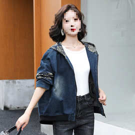 H5N复古印花休闲连帽牛仔外套女2025春秋新款宽松胖mm大码夹克棒