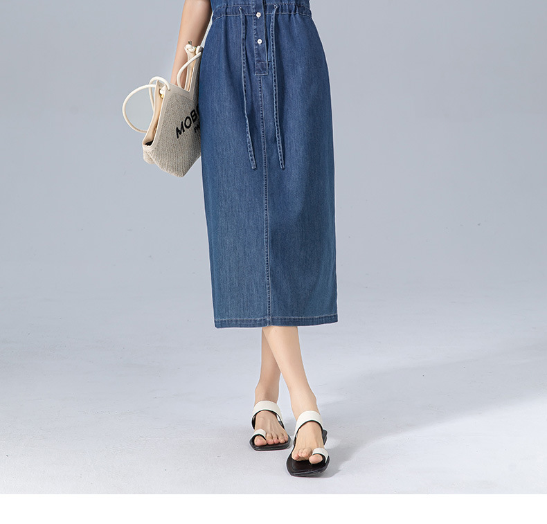Váy liền dáng dài polo cotton thắt eo dây rút tay ngắn mùa hè — Màu xanh lam chi tiết 2