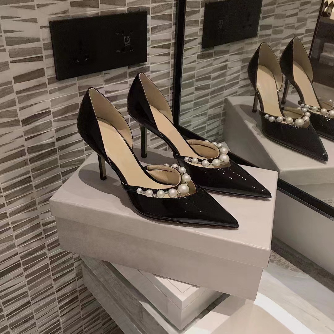 Version JC Chaussures pointues en cuir verni à talons hauts, talon fin, bride en perles, bouche peu profonde, chaussures simples creuses, sandales à bout fermé_voghion.com