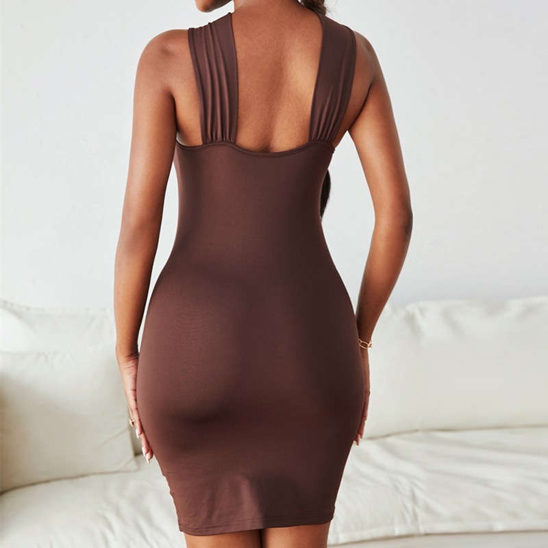 Solid Color Halter Neck Wrapped Chest With Underwire Sheath Dress NSSCY109701