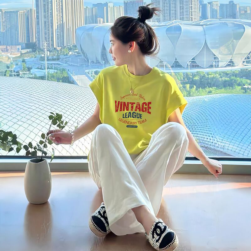 2025夏季宽松蝙蝠袖短袖t恤女美式宽松多巴胺甜酷圆领小飞袖上衣|undefined