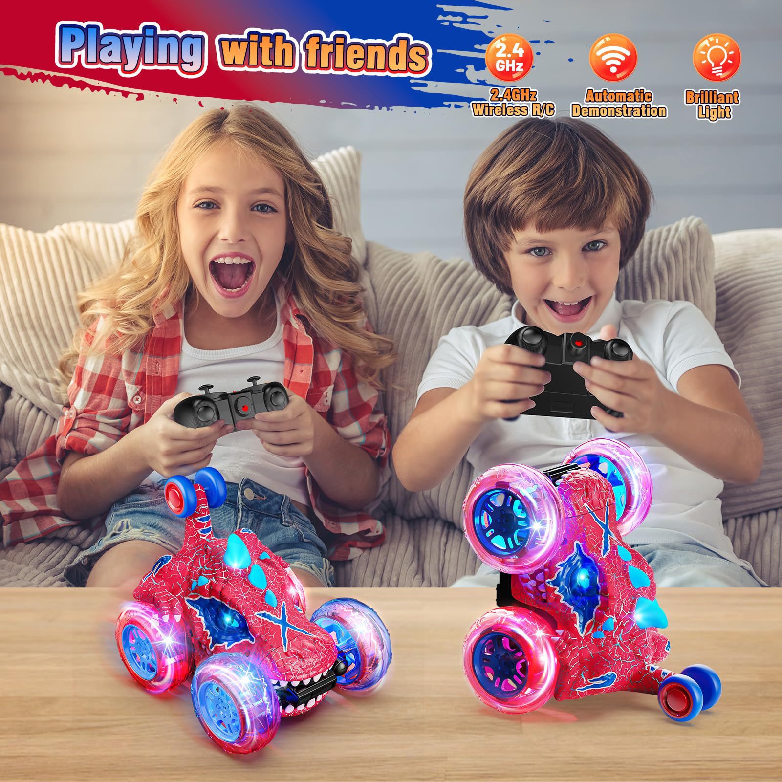 Transfronterizos niños dinosaurios eléctricos 2.4g iluminación música truco camión rodante coche de juguete animal coche de control remoto