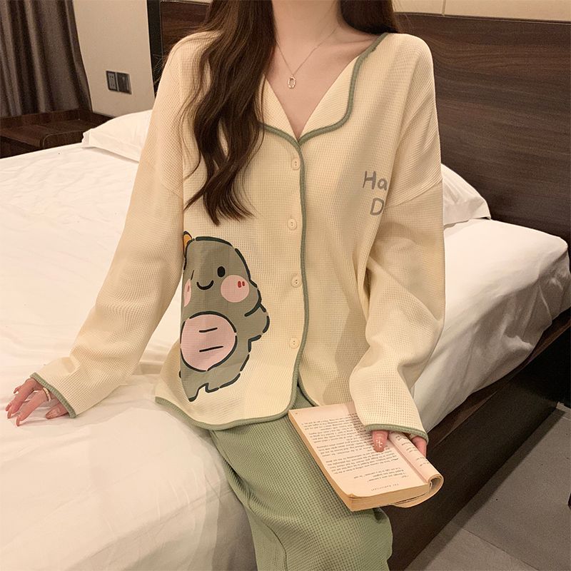 Al por mayor transfronterizo primavera y otoño nuevo cuello en V monje cuello de algodón leche cardigans pijamas de manga larga ropa doméstica de dibujos animados de mujer