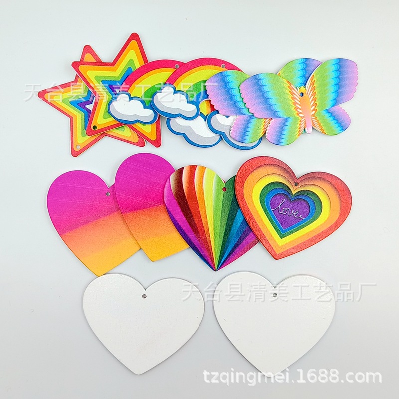 8cm arco iris en forma de corazón mariposa estrella de cinco puntas Arco Iris colgante de madera listado de bodas Día de San Valentín suministros Decoración