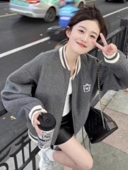 美式复古冬季加绒灰色拼接棒球服女春秋季新款宽松开衫外套上衣潮