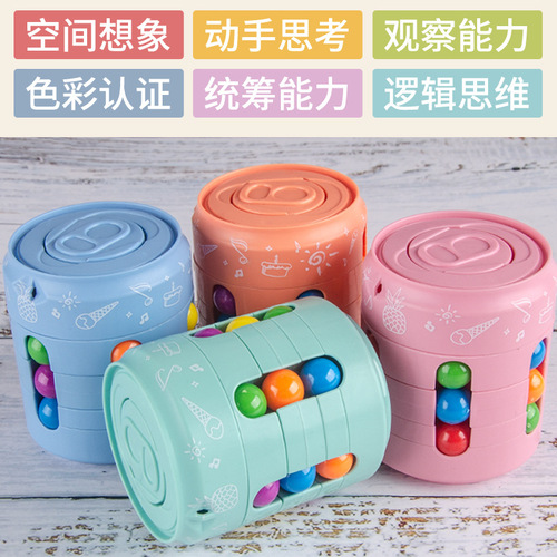 Cross-border best-selling children's toys: educational pull-tab cube, hamburger-shaped toy, magic beans, cola-inspired stress-relief fingertip spinner, and spinning top.