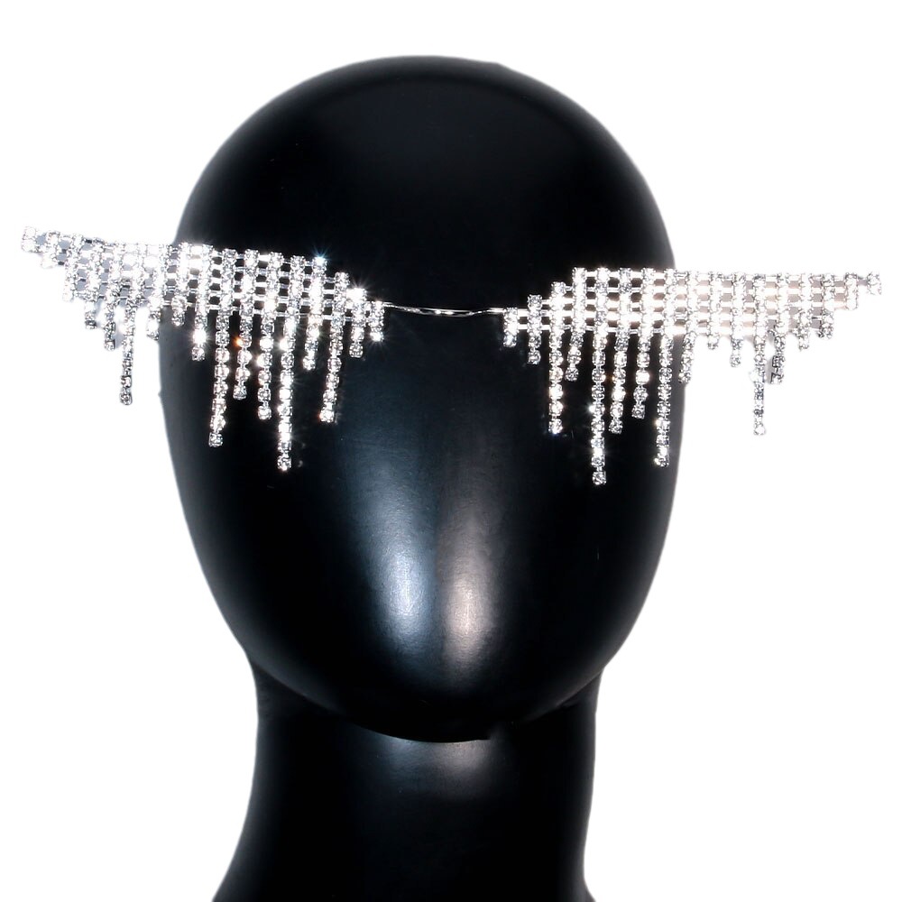 2023 nuevo rhinestone gafas marco personalidad europea y americana hip hop estilo borla cara joyería danza accesorios cadena