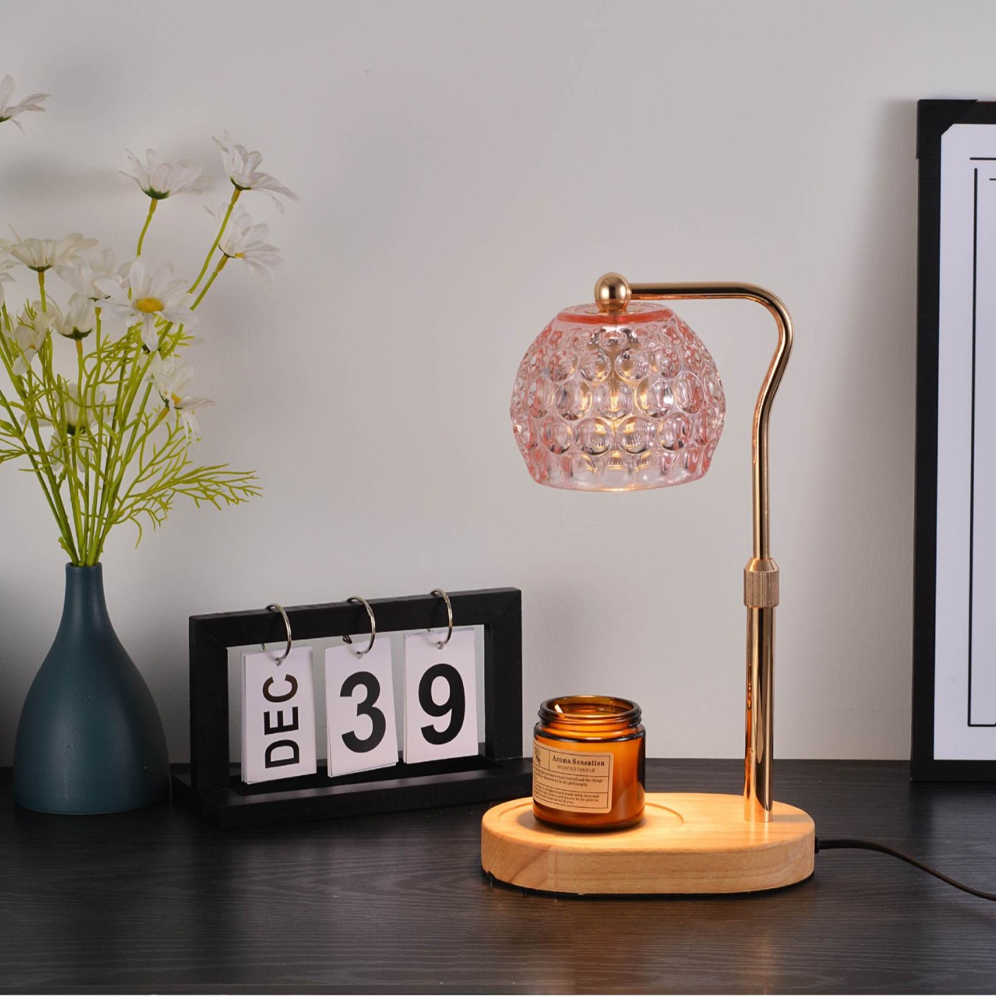 跨境融蜡灯可升降可调光定时香薰融烛灯原木台灯无火精油灯香薰炉