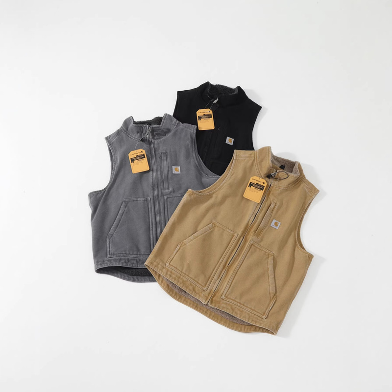 American Retro Style New Stand-Collar Lambswool Vest, Washed and Distressed Workwear Canvas Fleece-Lined Vest