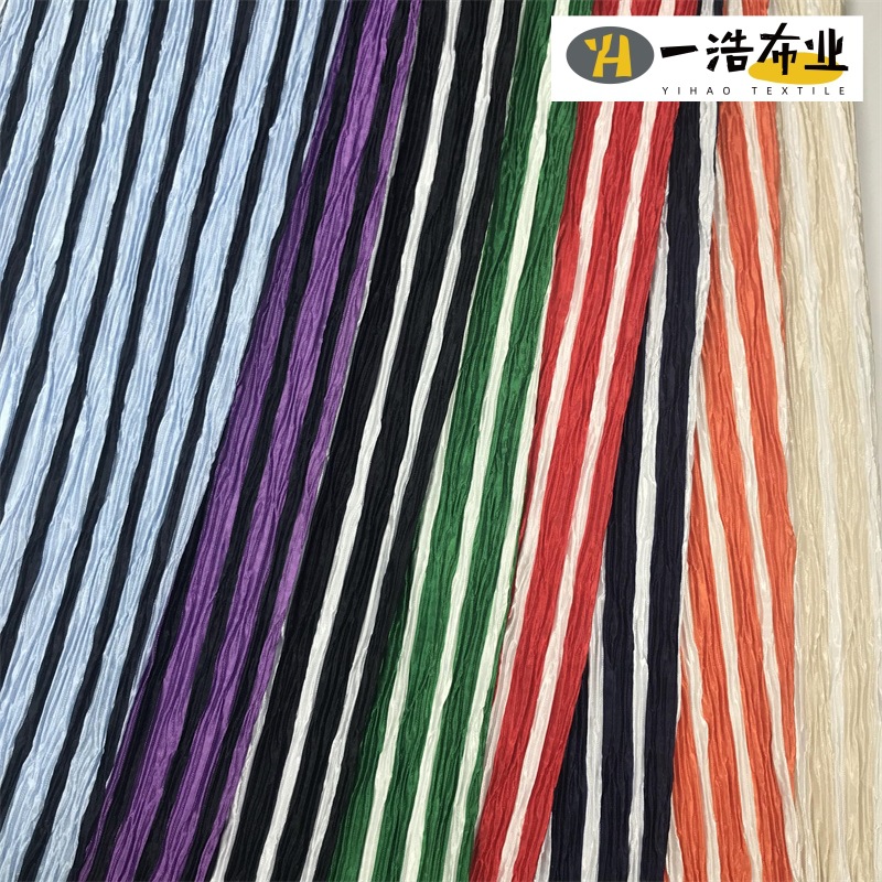 弹力50D压折布印花面料 条纹印花褶皱压褶阔腿裤春秋印花布料