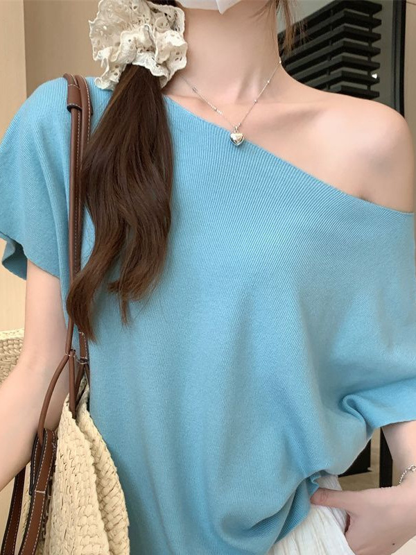不規則なバットスリーブオフショルダーニットTシャツレディースサマードーパミンレイジールーズスリム半袖斜めショルダートップ|undefined