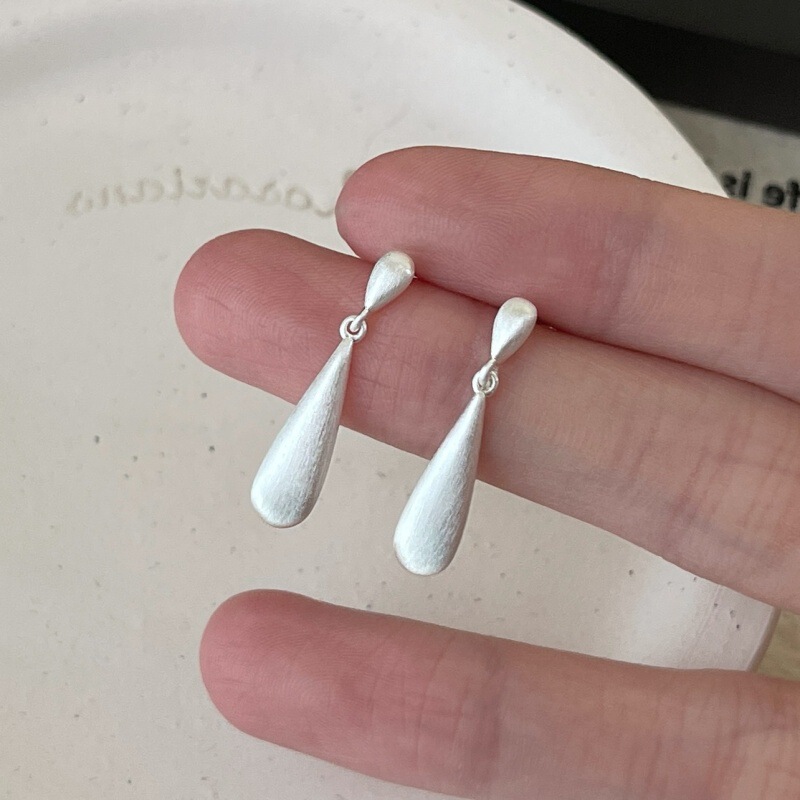 银白色拉丝水滴耳钉精致时尚简约通勤几何长条耳环女气质显瘦耳饰|undefined