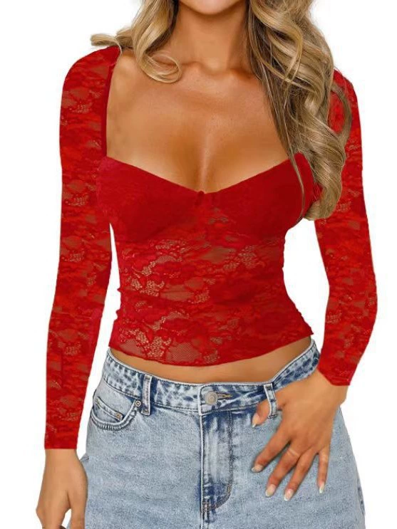 Лонг-sleeve кружевной кроп-топ, европейский стиль, женский slim fit (черный/красный, S–L)