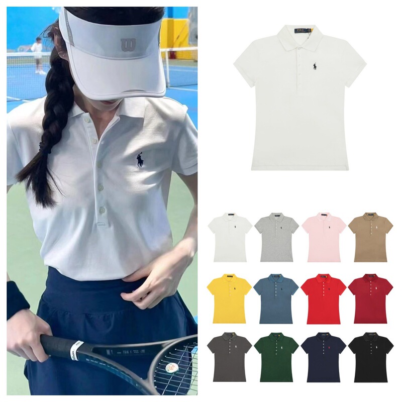 Cross-Border Embroidered Pony Logo Classic Basic Women's Versatile Slim-Fit Polo Short-Sleeve Casual Turn-Down Collar T-Shirt