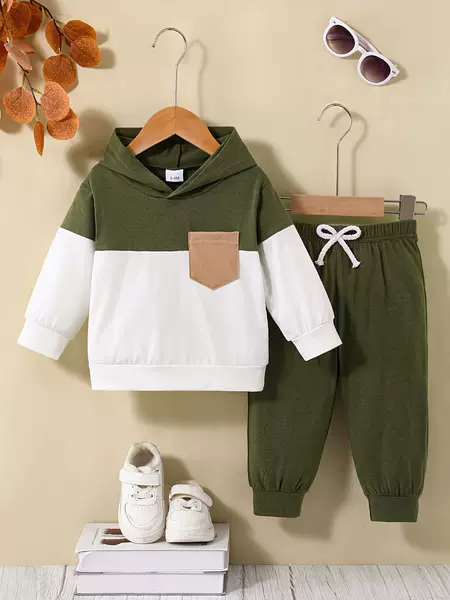 Baby Boys Autumn and Winter New Style, Long Sleeve Top Three-Color Patchwork Style Hooded Sweatshirt Real Pocket + Fake Drawstring