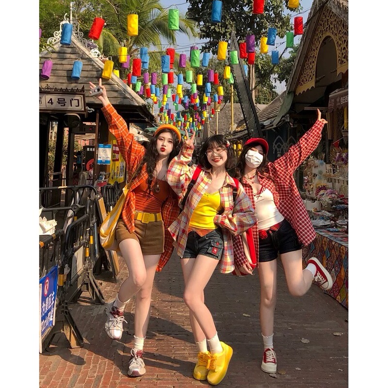 Cross-Border Dopamine Style Lazy Rainbow Plaid Long-Sleeve Shirt for Women, New Spring/Summer Versatile Sun Protection Slimming Shirt