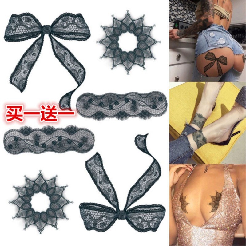 Black Simulated Lace Thigh Bow Lace Leg Ring Tattoo Sticker Waterproof Female Long-Lasting Sexy Wrist Girl