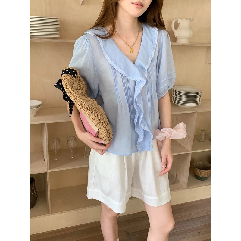 3Th Morning Tencel Ramie Tuck-Pleated Ruffled V-Neck Loose Slimming Short-Sleeved Shirt Zy4275