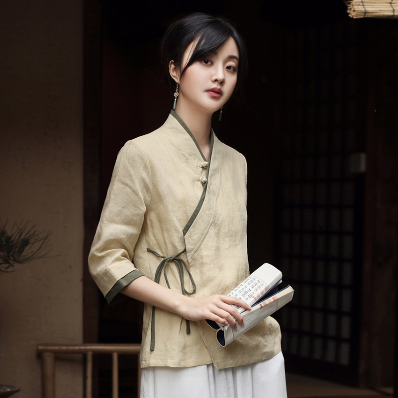 Spring and Autumn New Chinese Style Retro Artistic Zen Tea Clothing Improved Hanfu Tops Cotton and Linen Shirts Zen Clothing Women's Clothing