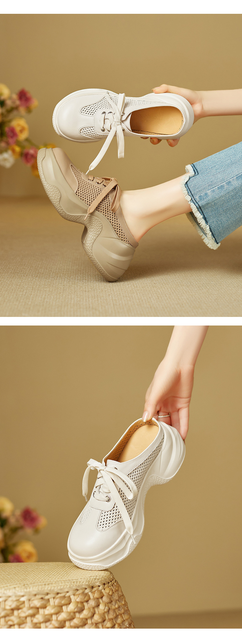 Dép sandal nữ quai chữ V đế bánh mì cao 5 cm, mũi trùm kín, phong cách casual — màu trắng ngà chi tiết 2