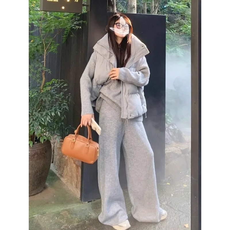 灰色大翻领拉链针织时尚套装女秋冬新款宽松慵懒风阔腿裤两件套厚|undefined