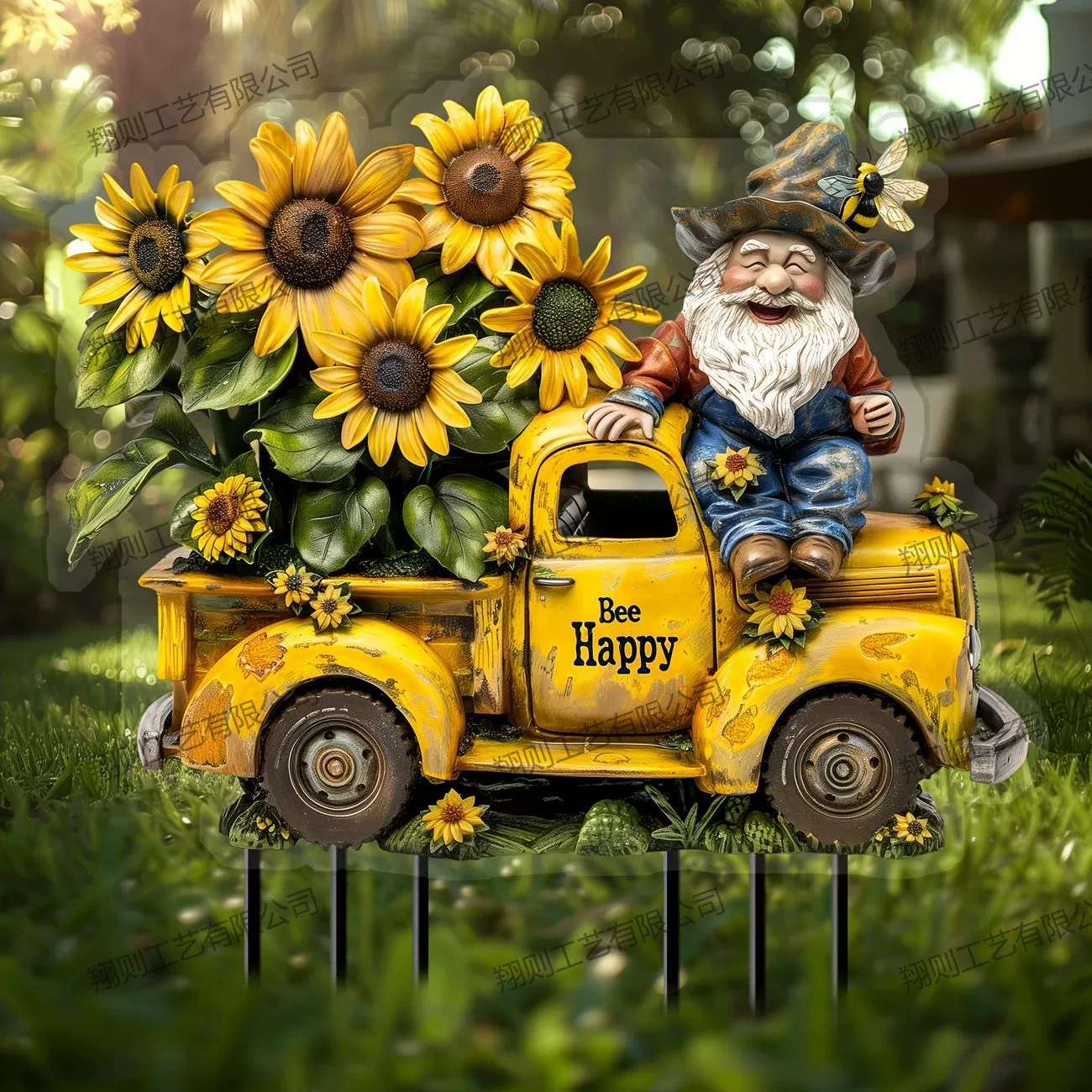 Трансграничные подсолнухи поплавки и пожилые садовые сваи открытый газон горшечные украшения