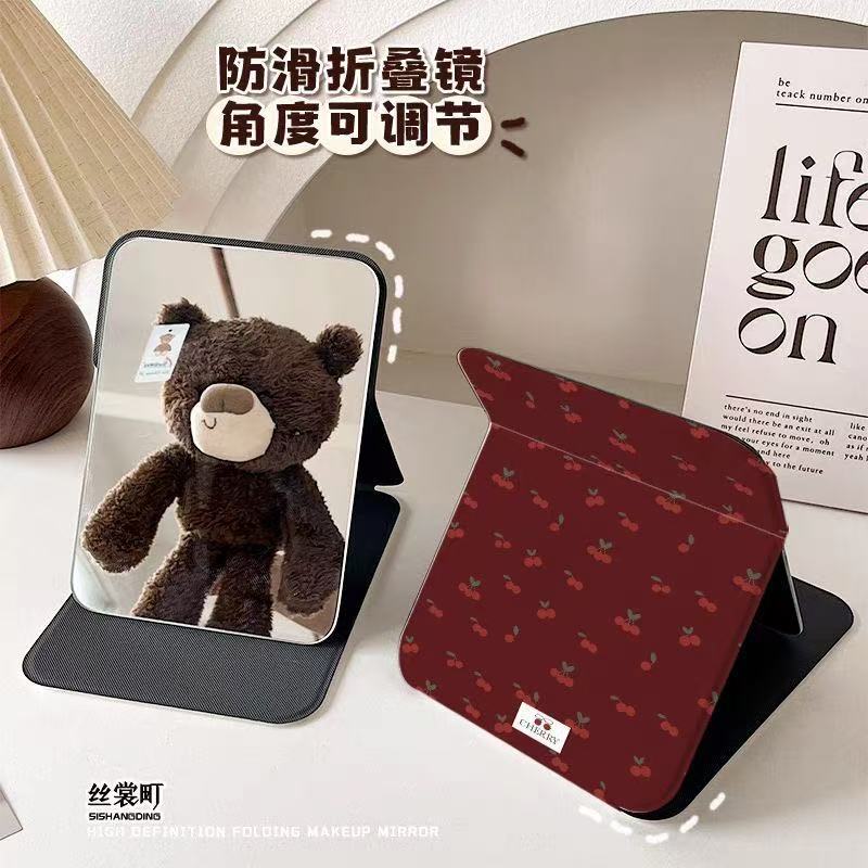 红底樱桃折叠化妆镜子学生外出便携式宿舍桌面可立台式随身梳妆镜|undefined